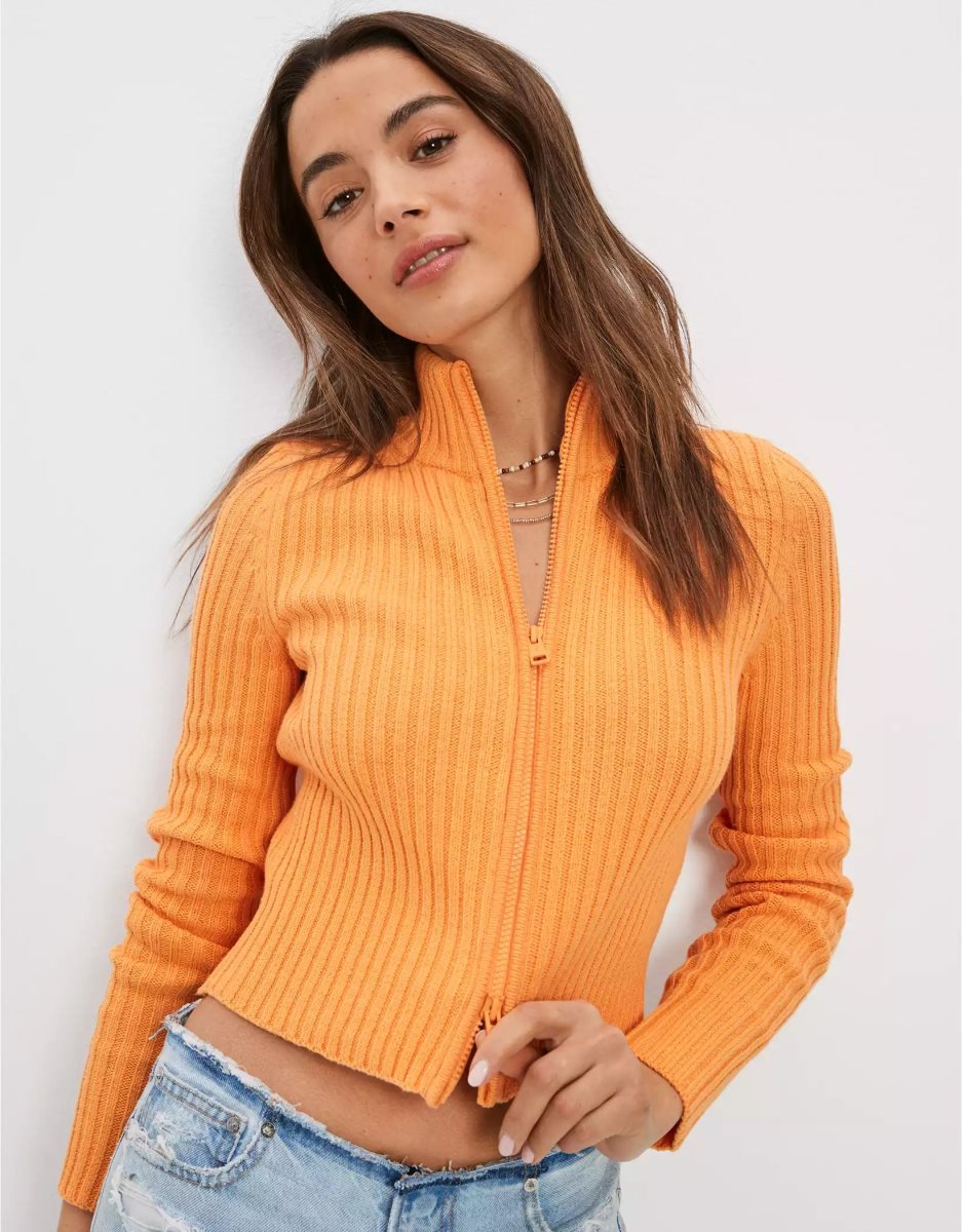 Cardigan American Eagle AE Mock-Neck Double-Zip Orange Femme | MWI-20183411